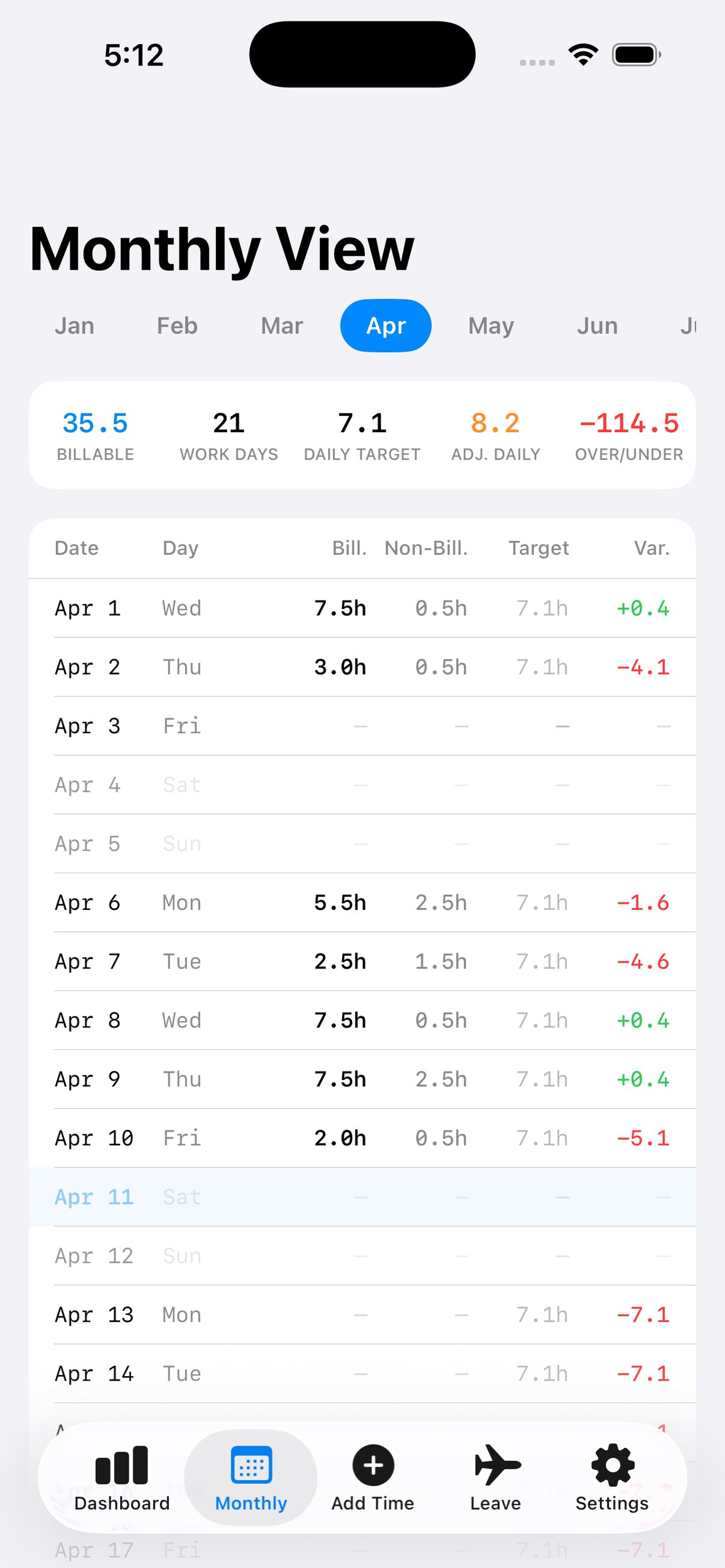 Monthly view in OneTenth