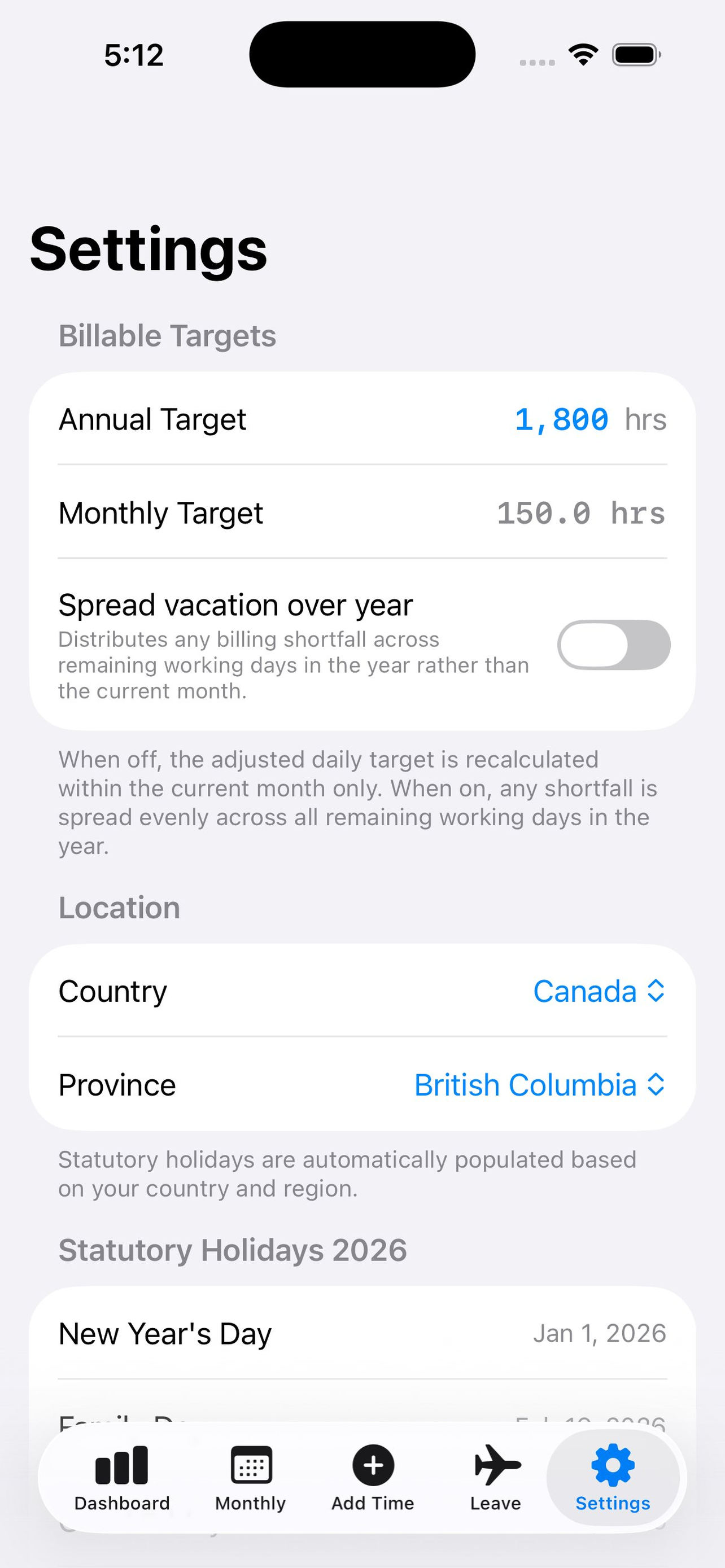 Set annual targets, location, and view statutory holidays